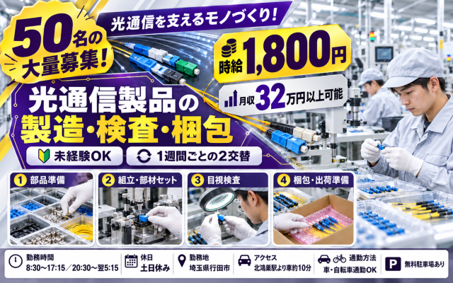 光通信製品の製造補助や検査梱包倉庫内作業
