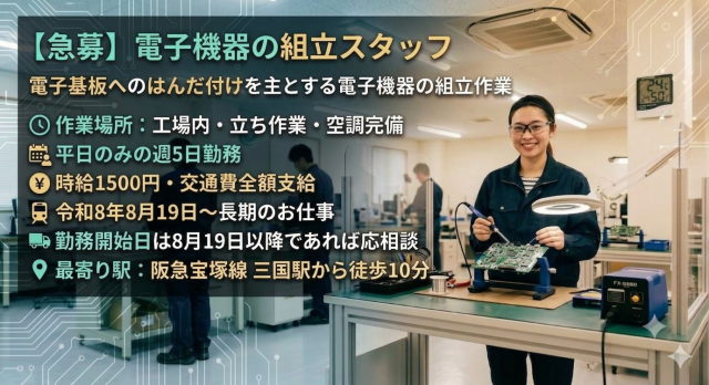 電子機器工場でのお仕事！高時給＆長期の組立作業電子機器の組立及びピッキング等軽作業