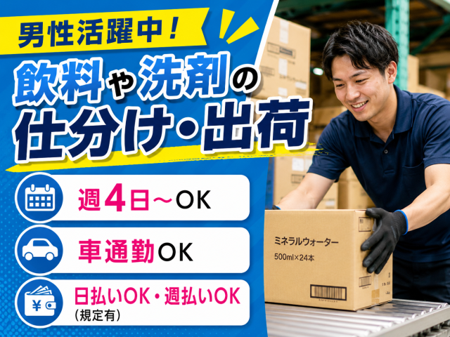 男性活躍中◎明石・西神南送迎あり！洗剤や飲料の出荷・仕分け洗剤・飲料の仕分け・出荷