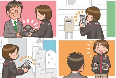 スマホとプリンターを受け取り→ご家庭のガスメーターにある二次元コードを読み取り→ハンディプリンターから伝票を印刷しお客様にお渡しするシンプル作業。機器を返却して今月の業務は終了です。