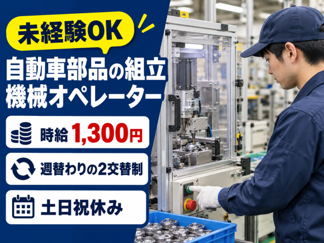 自動車部品の機械オペレーター｜未経験OK｜2交替制｜時給1,300円｜土日祝休み｜日払いOK｜長期自動車部品の組立機械オペレーター