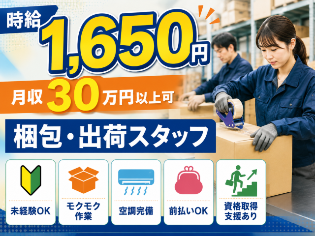 未経験でも高時給1,650円！月収30万円以上可能◎
重量物少なめ♪資格なしOK＆入社後の資格取得もサポート！