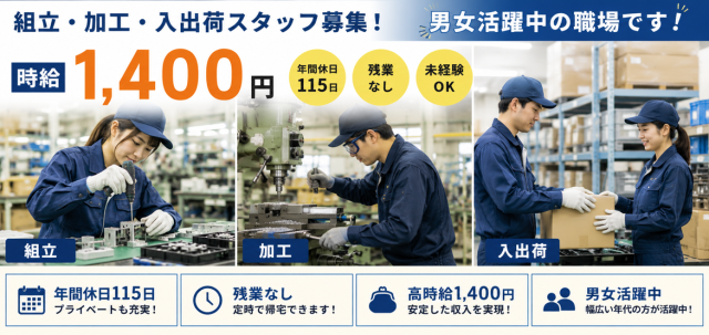 【組立・加工・入出荷】時給1400円◆未経験OK◆残業なし◆ライン作業なし小型金属製品の組立・加工・入出荷