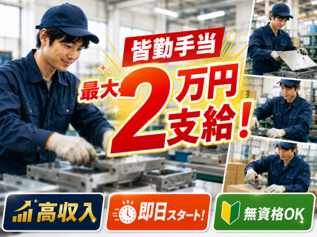 【皆勤手当2万円支給】 工場内作業　無資格OK　時給1600円＋交　月35万円以上可　10名の大募集工場内作業