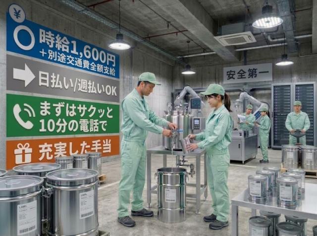 缶詰め作業/運搬作業　時給1600円　土日祝休み　日勤　未経験OK　髪型/髪色/ヒゲ自由