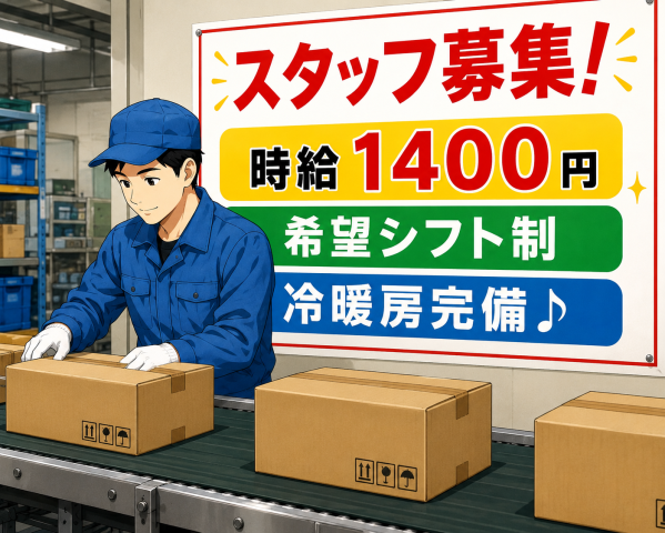 【冷暖房完備】高時給1400円×日払いOK★かんたん仕分け★送迎バスあり★希望シフト制★未経験歓迎【未経験大歓迎】
荷物の仕分け・ライン作業
■即日〜短期/長期　■日払い・週払い制度あり　■車バイク通勤OK