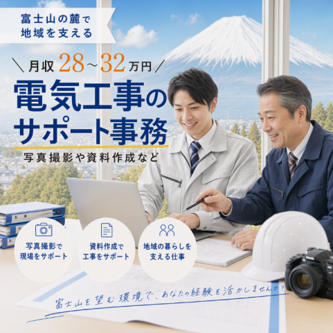 富士山の麓で地域を支える＼月収28〜32万円／写真撮影や資料作成など【電気工事のサポート事務】電気工事のサポート事務