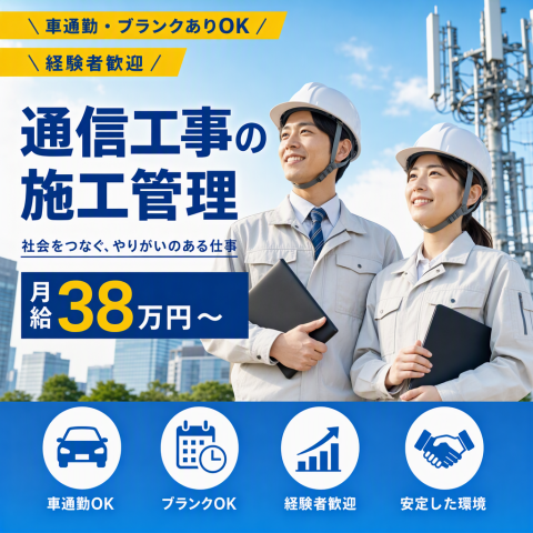 ＼車通勤・ブランクありOK／経験者歓迎＼月給38万〜／通信工事の施工管理情報通信工事の施工管理
