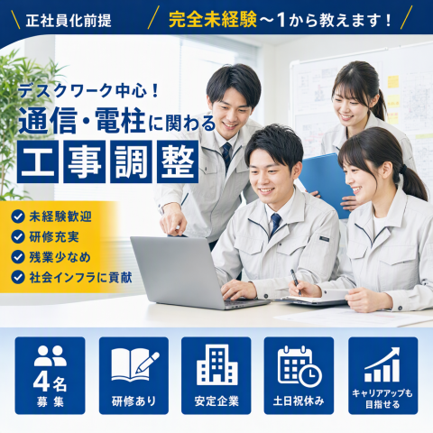正社員デビュー歓迎！未経験から始める「通信インフラの工事調整」デスクワーク中心・4名募集インフラ工事の通信工事管理