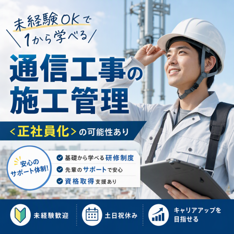 ＼未経験から手に職！／大手企業で始める通信工事の施工管理【正社員化のチャンスあり】情報通信工事の施工管理