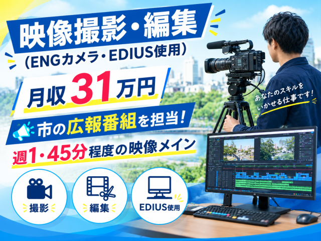 月収31万＼市の広報番組を担当！／週1・45分程度の映像メイン【映像撮影・編集業務】映像撮影・編集業務（ENGカメラ・EDIUS使用）