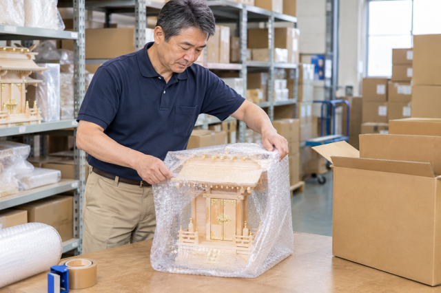 伝票を見て台車を使って神棚を持ってきたら丁寧に梱包する軽作業です神棚をプチプチで包んで梱包する