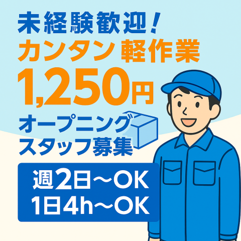【倉庫内作業（入荷）】7月から本格稼働！週2日〜、1日4h〜応相談！賞与年2回！未経験大歓迎！倉庫内作業（入荷作業）