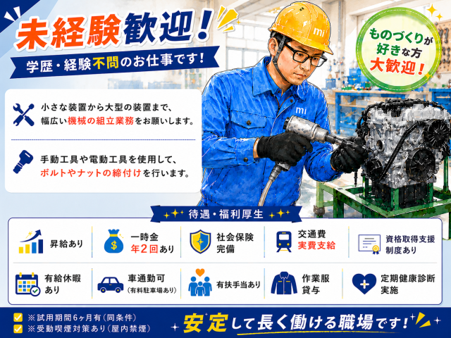 未経験でも安心！30〜40代活躍中のエンジン組立ライン/ 年間休日127日/入社日相談可小型エンジンの組立・製造スタッフ