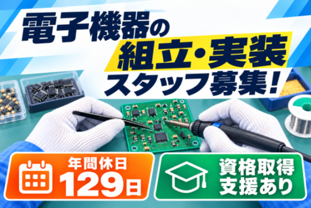 当社直接雇用！基板組立経験者歓迎／土日祝休み筐体や基板の組み込み作業ハンダ付け作業
ケーブル作成、圧着作業