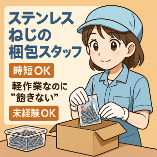 【時短OK】軽作業なのに“飽きない”。ローテーションで毎日リズムよく！ステンレスねじの梱包スタッフ（軽作業スタッフ）