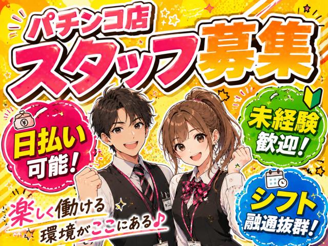 パチンコ店勤務★日払い可能×高時給！力仕事なし♪シフト応相談可能◎未経験OK！週3日〜OK！パチンコ店のホール・カウンタースタッフ