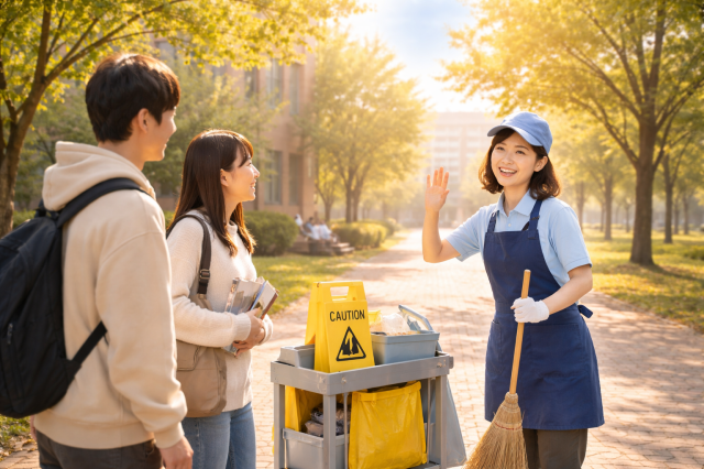 緑豊かな大学キャンパスでの、早朝清掃のお仕事です