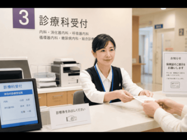 【病院のリハビリ室での受付スタッフ】病院内リハビリ室の受付病院のリハビリ室での受付スタッフ