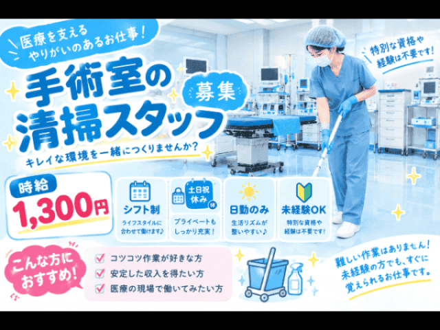 【日勤のみの手術室の清掃】※長く働きたい人必見※日勤のみの手術室の清掃